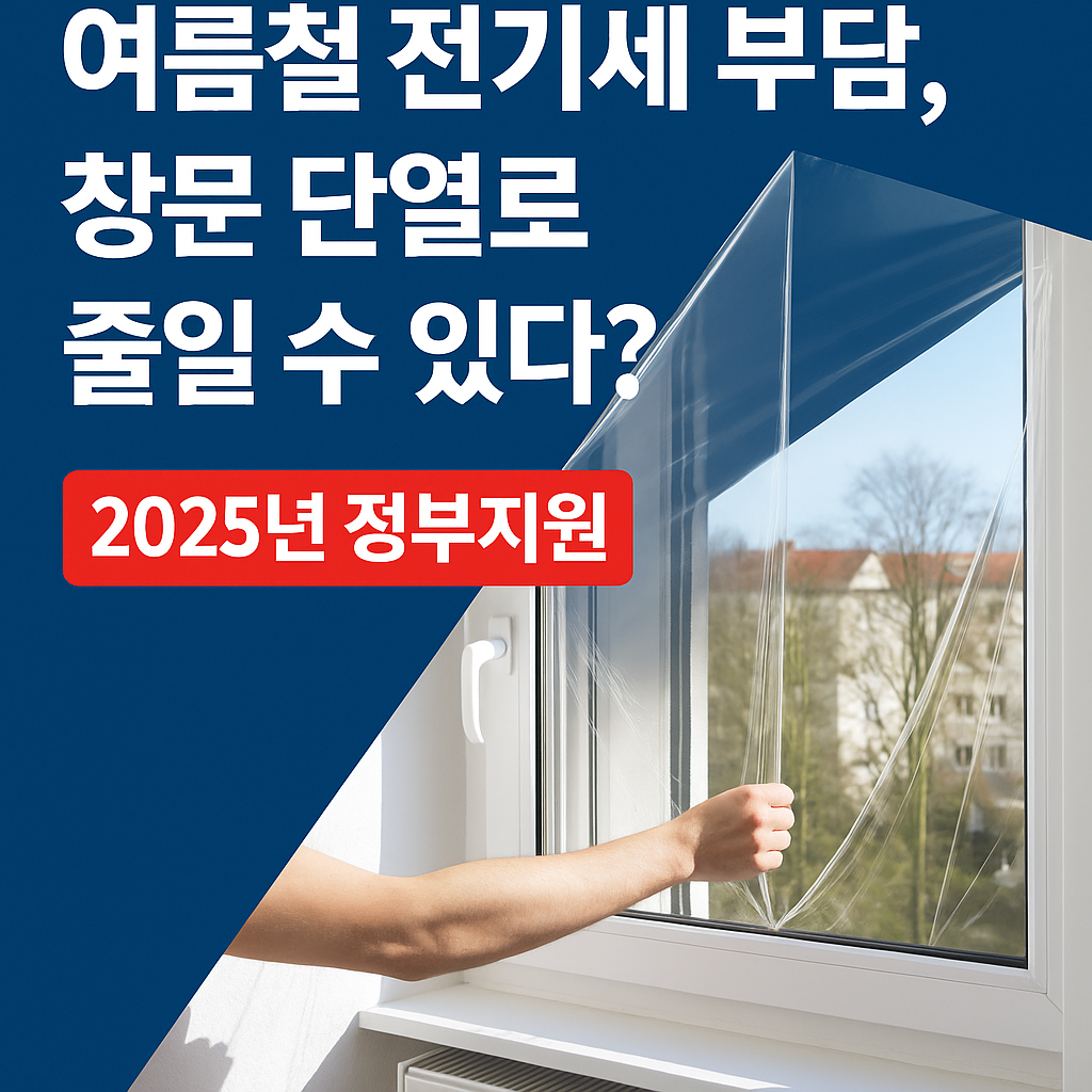 여름철 전기요금 절감을 위한 창문 단열 시공 장면, 오른쪽에는 투명 단열필름을 창문에 부착하는 모습, 왼쪽에는 “여름철 전기세 부담, 창문 단열로 줄일 수 있다? 2025년 정부지원