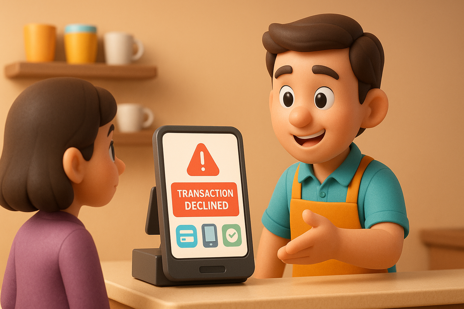 포스기 화면에 '승인 거절' 메시지가 떠있고, 점원이 고객에게 친절하게 안내하는 일러스트