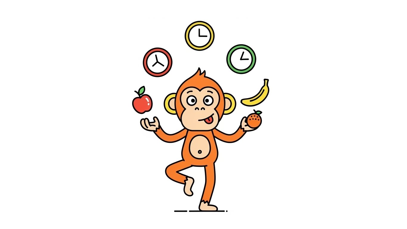 시계와 과일을 저글링하며 바쁜 일정을 능숙하게 소화하는 원숭이 캐릭터 일러스트