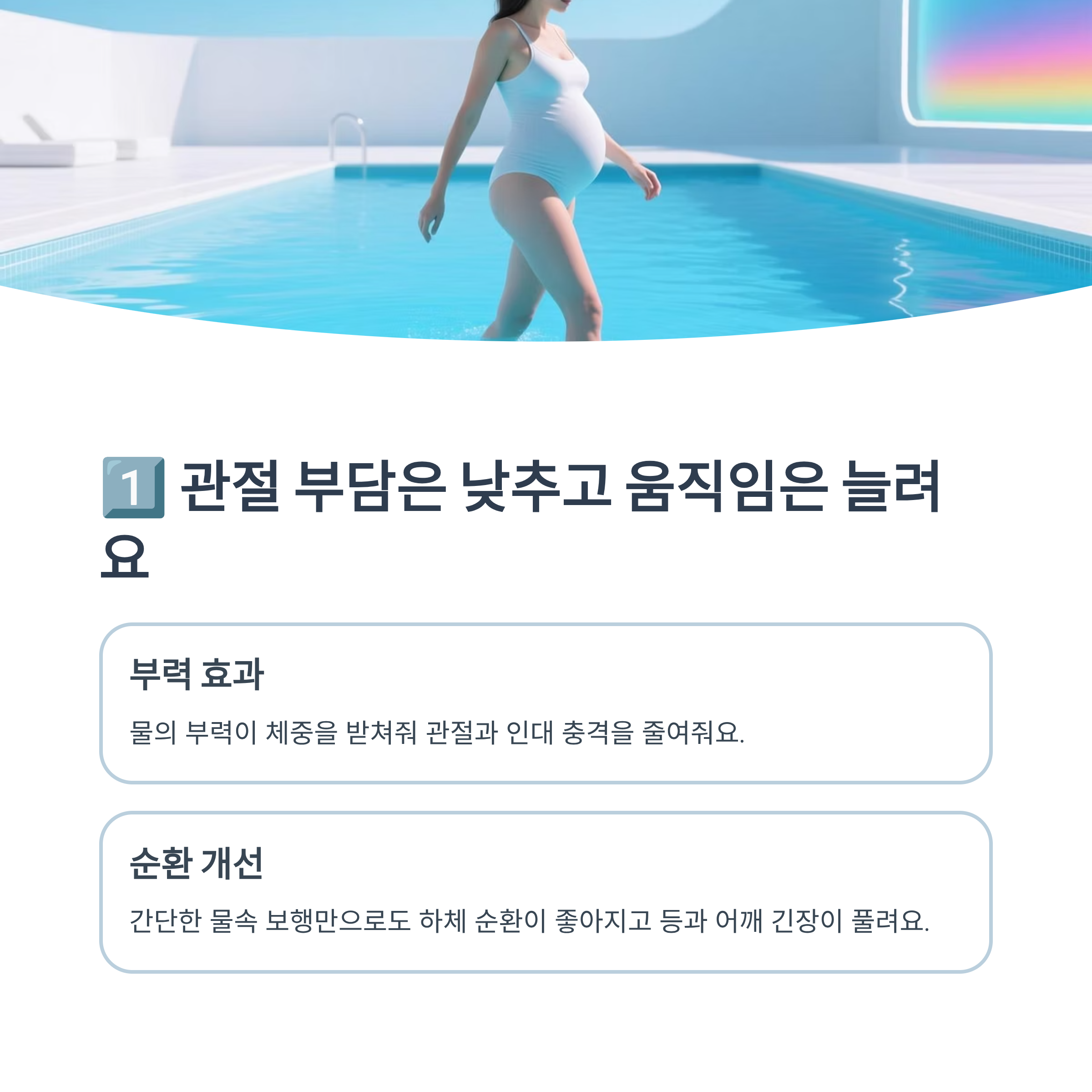 임산부 수영의 관절 부담 감소와 순환 개선 효과(부력, 혈류 개선)를 설명하는 인포그래픽