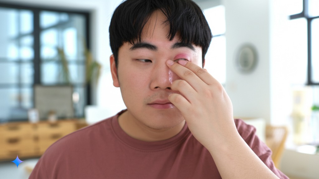 알러지성 결막염으로 눈을 만지려는 손을 참는 사람의 모습