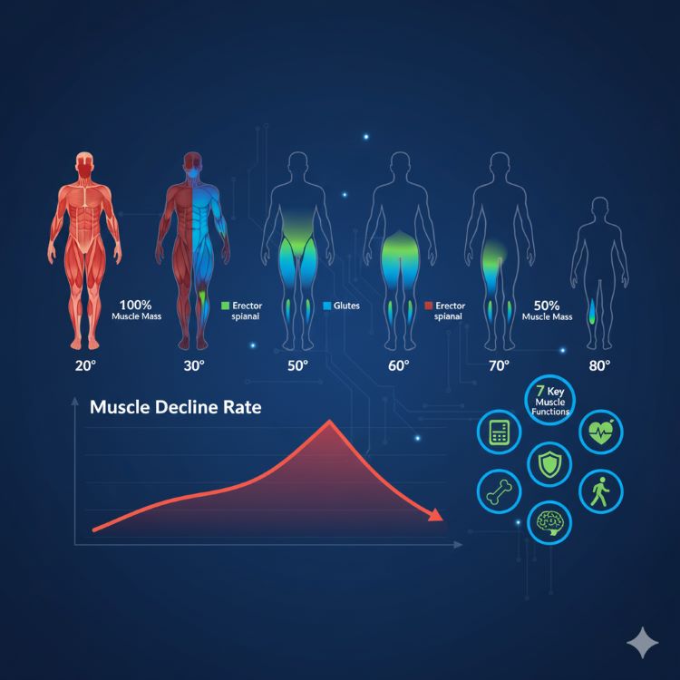 연령별 근육량 변화를 보여주는 인체 실루엣 타임라인. 20대부터 80대까지 6단계로 사람 실루엣이 배치되며, 각 단계마다 근육이 표시된 부분이 점점 줄어드는 모습(20대 100% → 80대 50%). 하단에는 감소율 그래프가 가파르게 하강하는 곡선으로 표시. 주요 근육(대퇴사두근, 둔근, 척추기립근)이 다른 색으로 강조. 배경에는 근육의 7가지 기능을 나타내는 아이콘들(에너지, 혈당, 면역, 뼈, 심장, 뇌, 독립성). 경각심을 주는 레드-오렌지 그라데이션과 희망을 주는 블루-그린 포인트 컬러 조합
