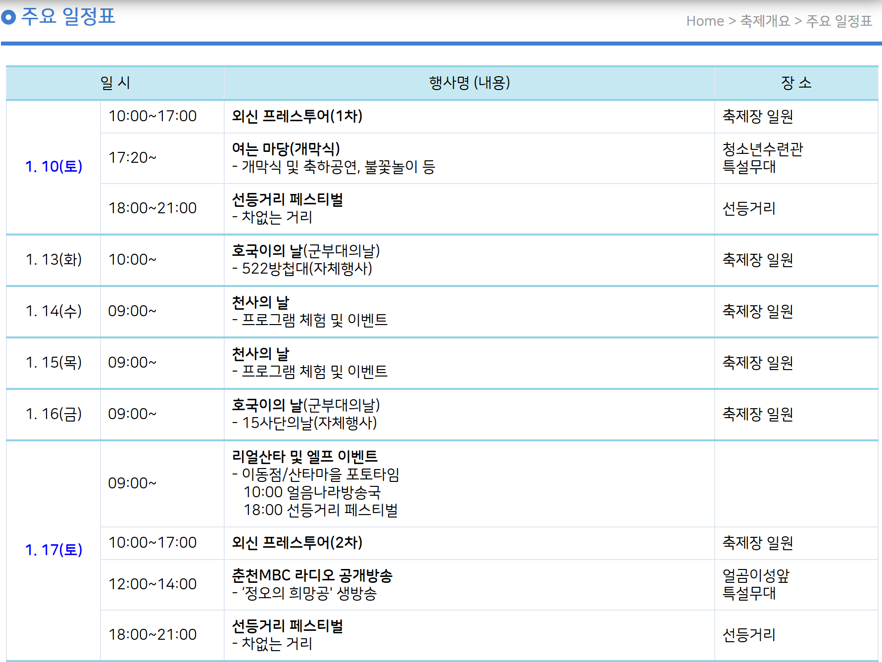 산천어축제 주요 일정표