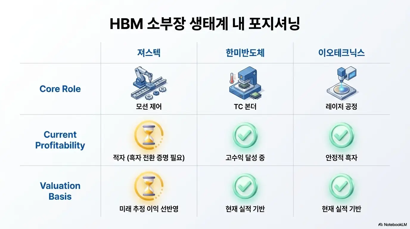 져스텍 주가 전망: 져스텍과 한미반도체, 이오테크닉스를 HBM 소부장 생태계 내에서 비교한 표 이미지. 모션 제어를 담당하는 져스텍이 흑자 전환을 증명해야 하는 단계인 반면 경쟁사는 이미 안정적 흑자라는 차이를 시각적으로 전달하며 져스텍의 경쟁사 대비 포지셔닝을 설명함