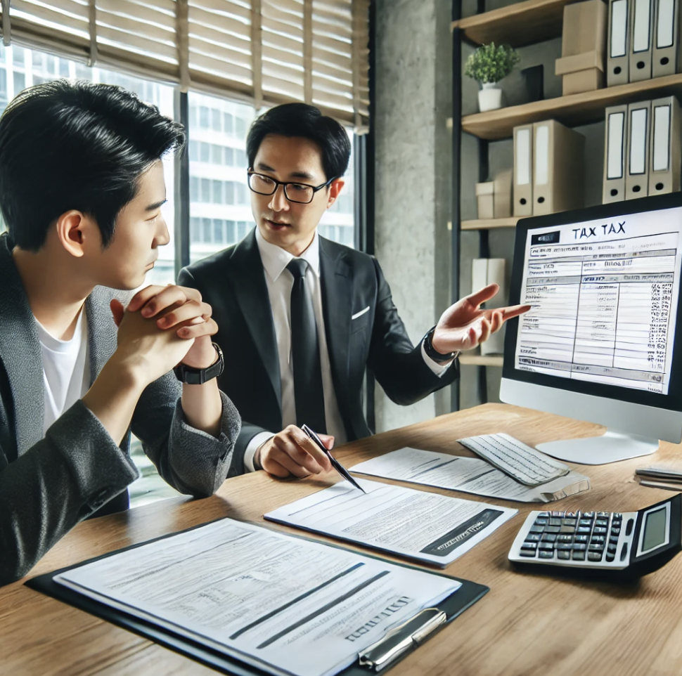 재무 상담실에서 세무사와 고객이 서류를 논의하며 세금 관련 문제를 해결하는 장면
