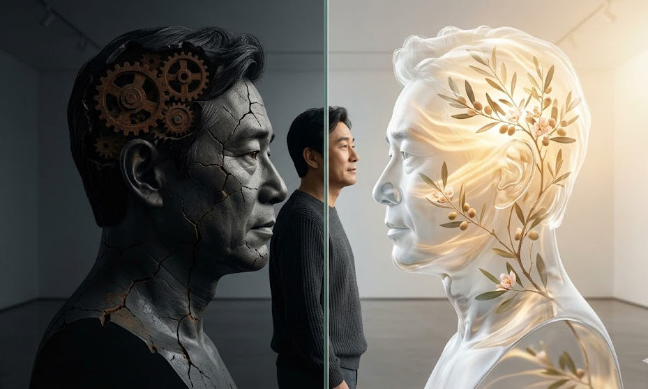 고집(굳은 사고)과 성숙(유연한 사고)을 시각적으로 명확하게 대비시킨 이미지