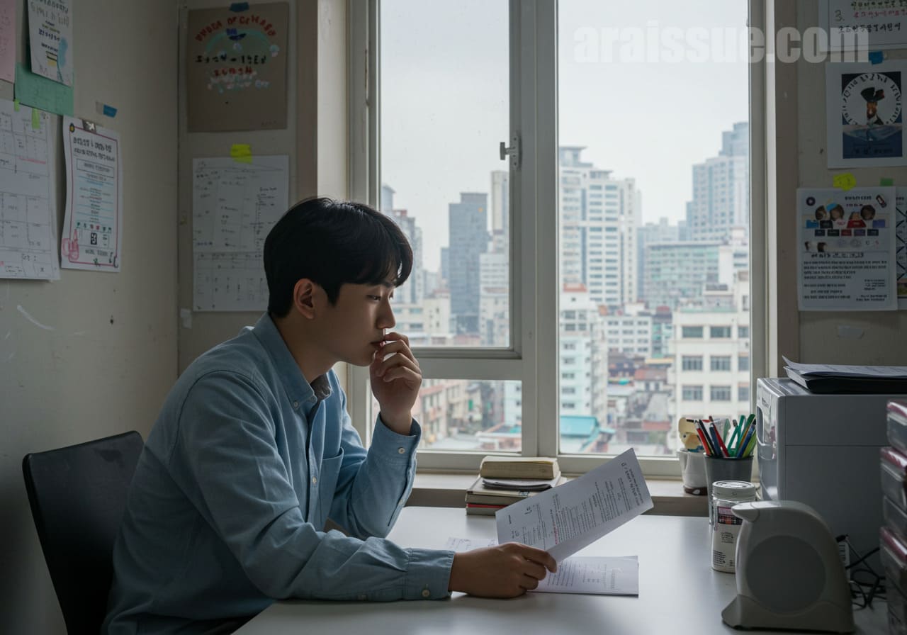 정부 정책으로 확대된 구직촉진수당을 신청하기 위해 서류를 살펴보는 한국 청년 남성