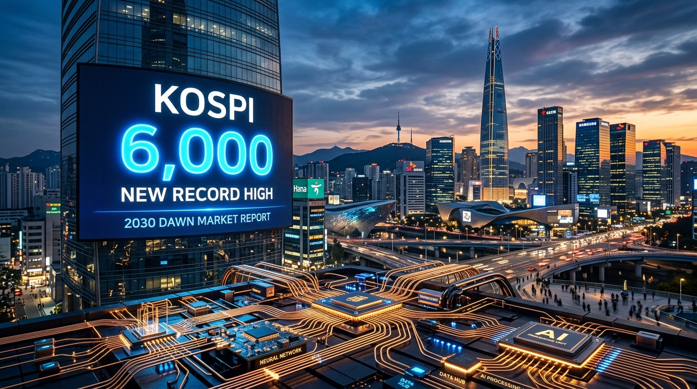 코스피 6000 전광판 앞에서 고민하는 투자자와 황금빛 구리 전선이 얽힌 미래형 도시 배경