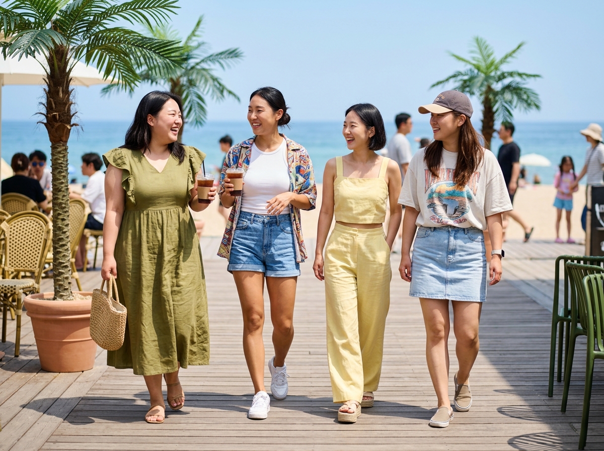 Diverse group of stylish women in bright summer outfits, various body types, confident poses, soft natural light, Korean street fashion, cheerful and fashionable atmosphere, editorial style photography
