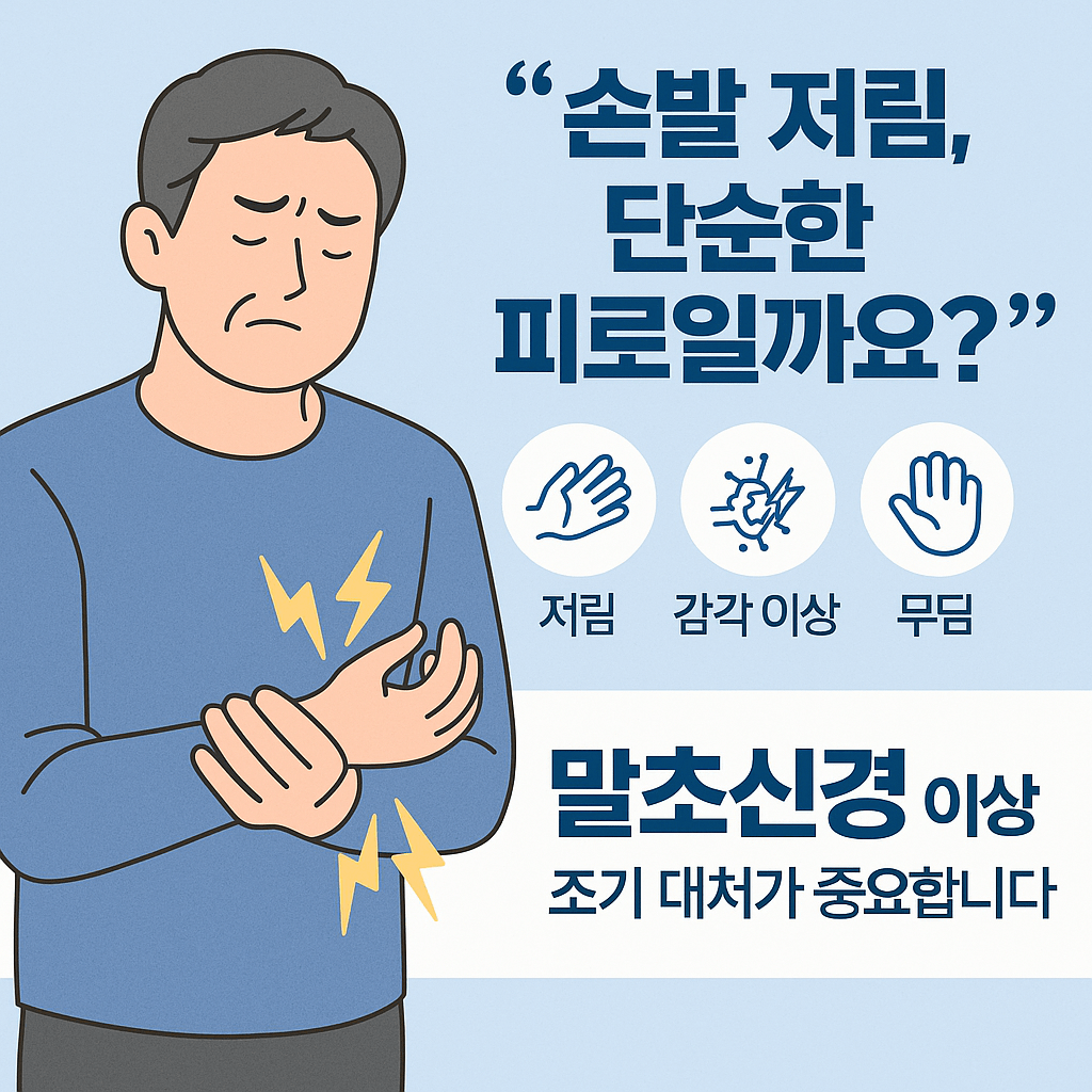 손 저림으로 불편함을 느끼는 남성 이미지와 제목 썸네일