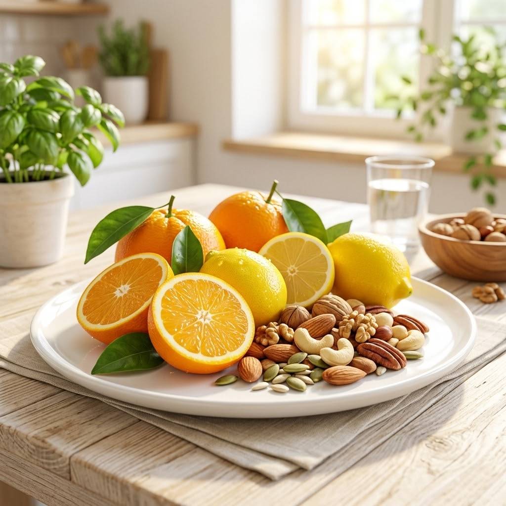 신선한 오렌지와 레몬, 아연이 풍부한 견과류가 깔끔한 접시에 담겨 있는 모습