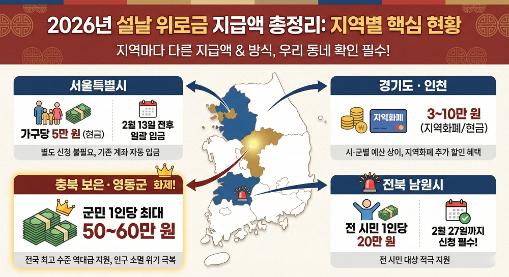 2026년 설날 위로금 지급액 총정리: 지역별 핵심 현황 인포그래픽