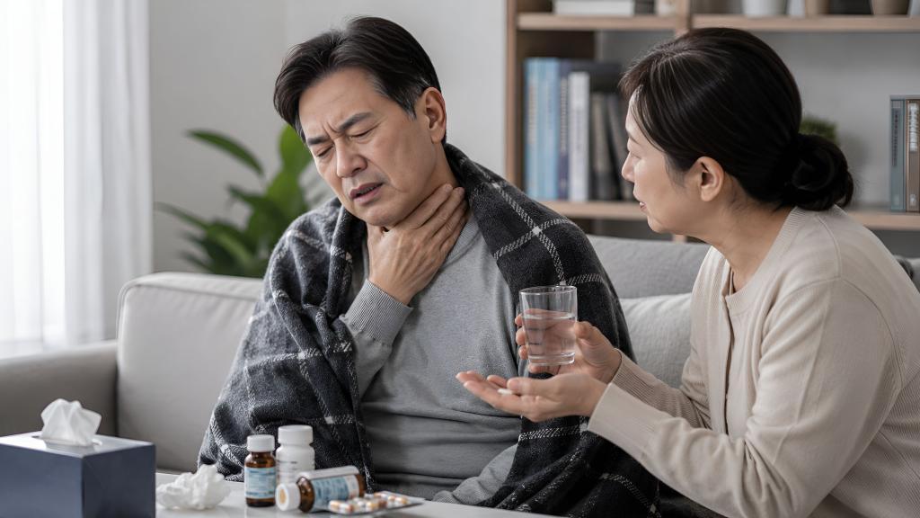 목통증으로 손을 목에 대고 있고 아내가 물을 남편에게 주는 모습입니다