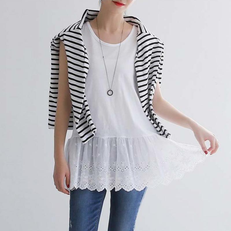 면레이스 나시티셔츠 밑단프릴 민소매 루즈핏 롱