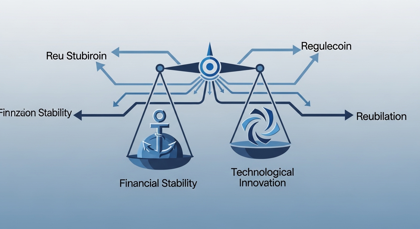 금융 안정성과 기술 혁신 사이에서 균형을 찾아가는 한국 스테이블코인 규제의 미래 방향성을 시각화한 이미지