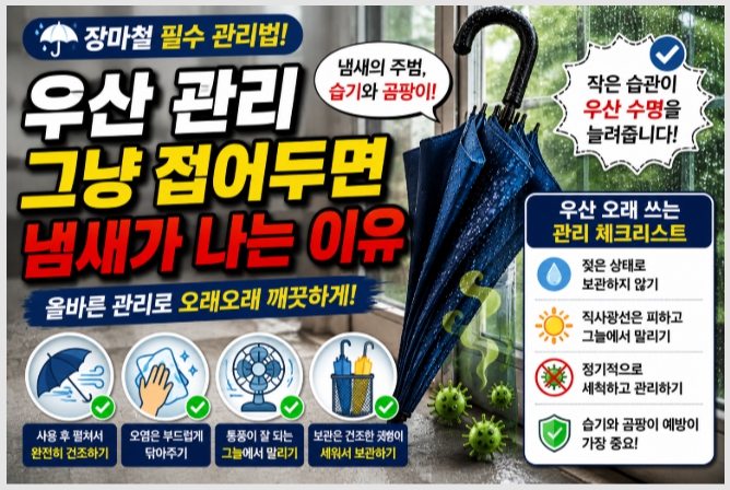 장마철 우산 관리하는 방법을 설명하는 이미지