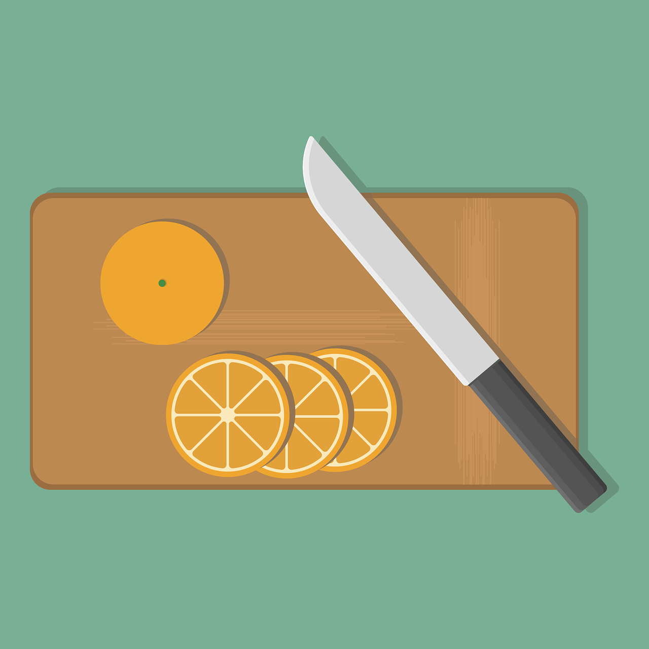 도마 위에 귤이 있고 칼로 자른 그림