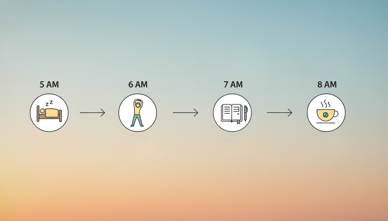 새벽 루틴 인포그래픽: 하루 시작 시간대 활동과 기대 효과를 보여주는 타임라인 이미지