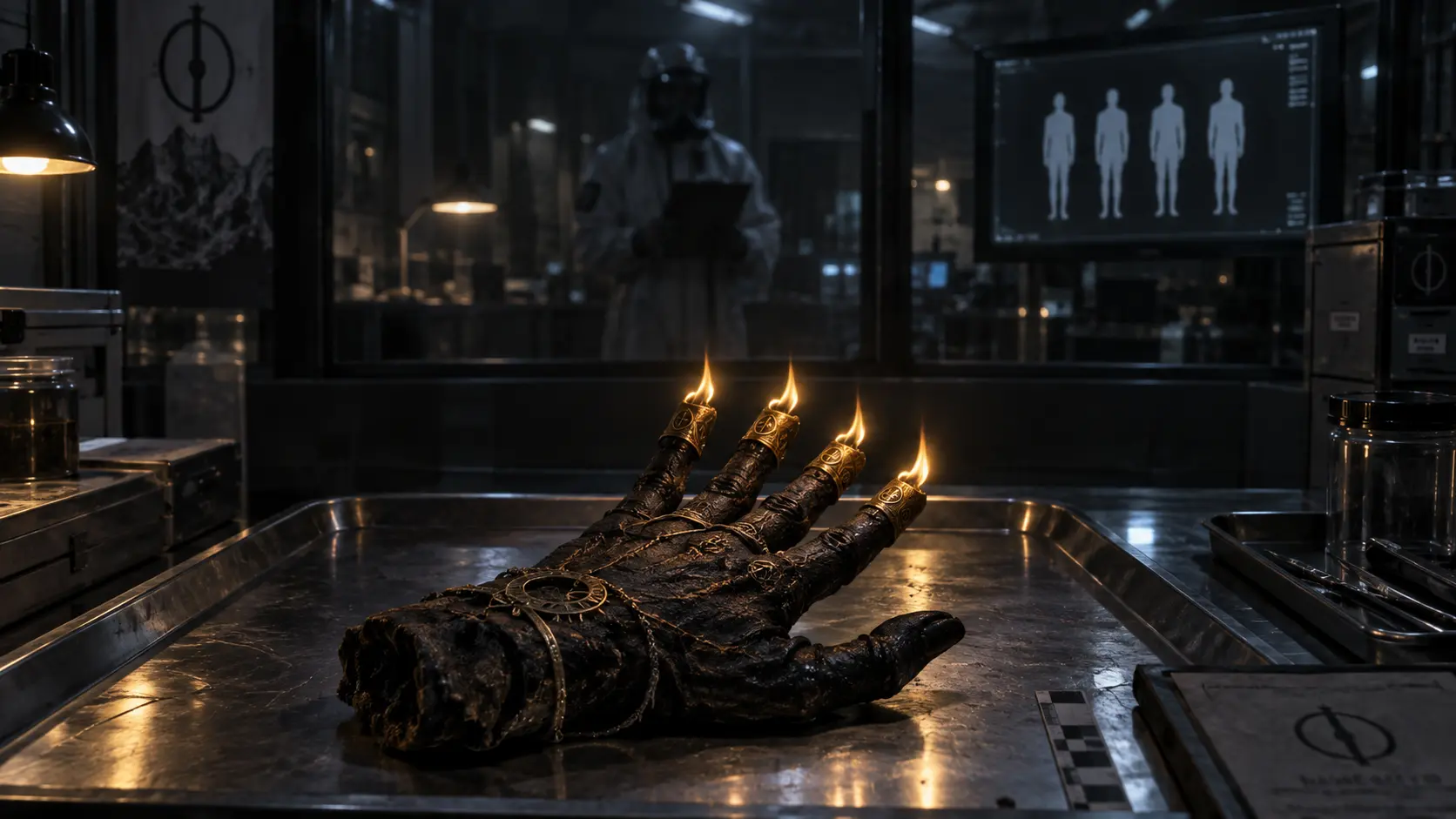 ABY-017 Hand of Glory burning on four fingers while the fifth remains dark beside a hidden cavity discovered inside the house.