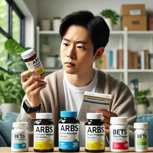 고혈압 약 라벨을 꼼꼼히 읽어보며 성분과 효과를 비교하는 한국인, 안전한 복용을 위한 선택 컨셉