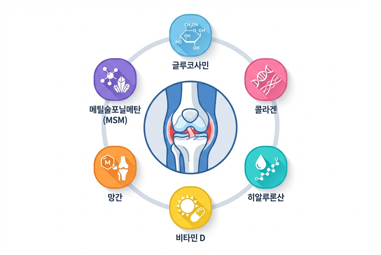 MSM, 글루코사민, 콜라겐, 히알루론산, 비타민D·망간을 각각 아이콘으로 나타내고 관절과 연골 주변에 배치한 아카이브 스타일 다이어그램