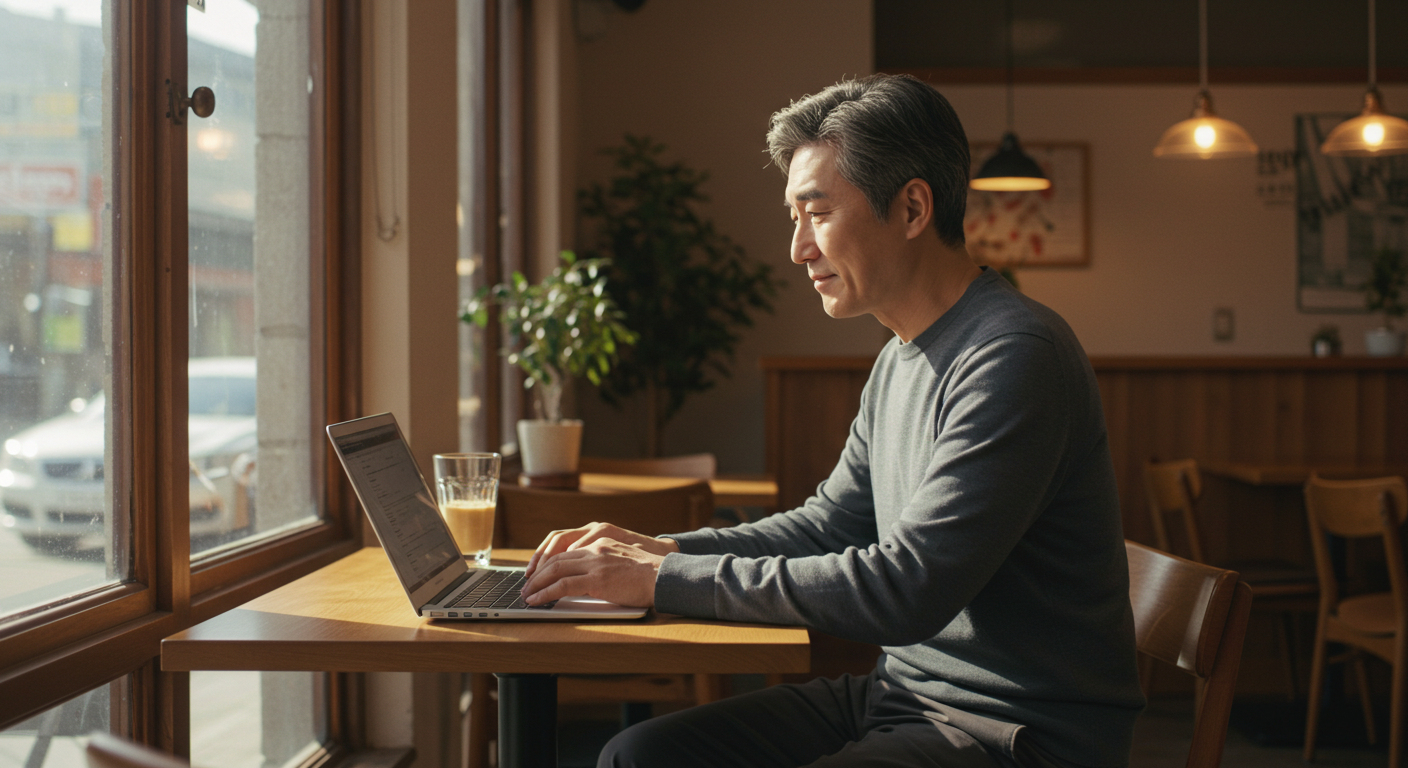 카페에서 노트북을 사용하는 남성