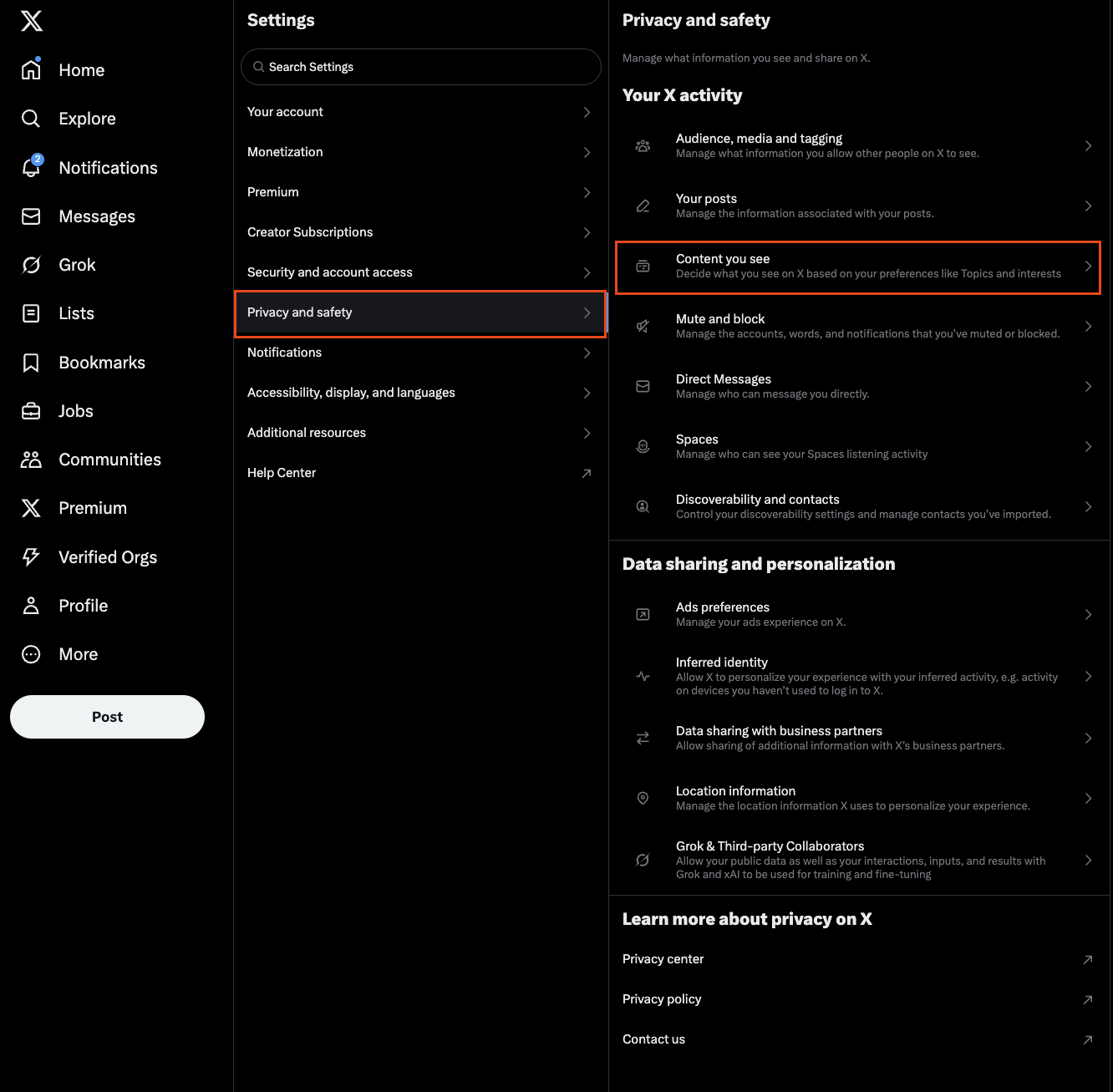 트위터 설정에서 개인정보 및 안전(Privacy and safety) 및 표시되는 콘텐츠(Content you see) 메뉴 클릭하는 화면