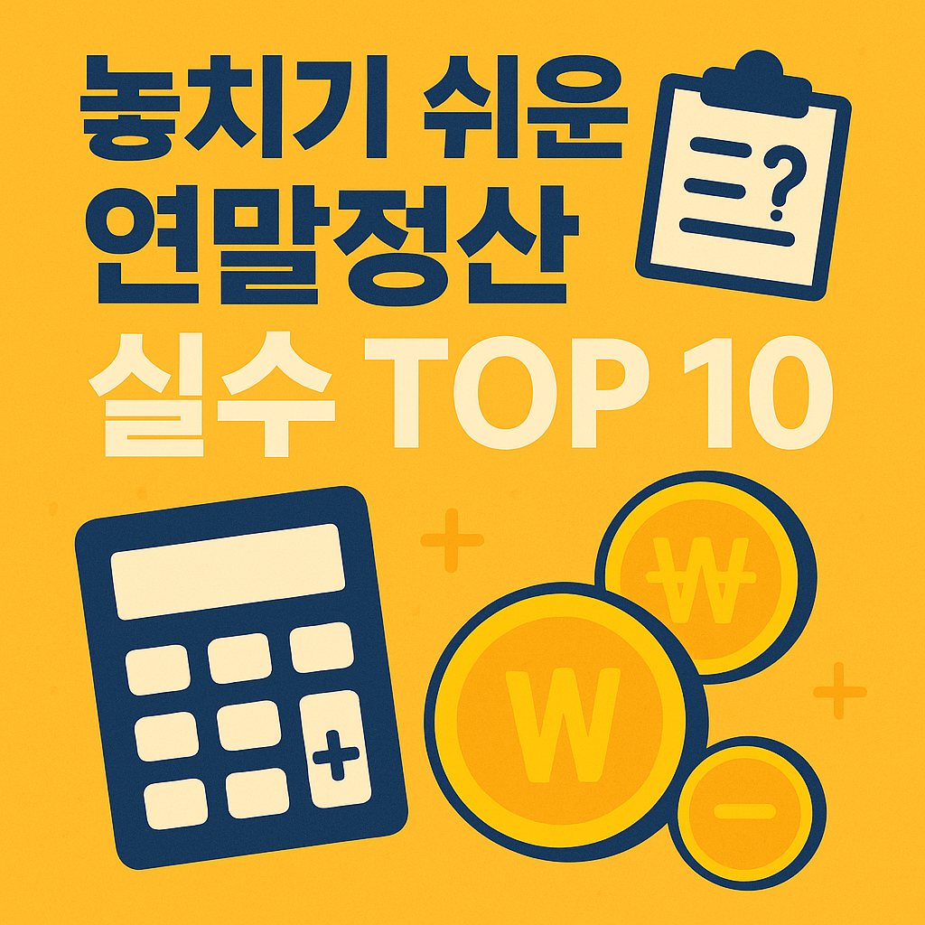 연말정산에서 놓치기 쉬운 실수 TOP 10을 강조한 계산기와 체크리스트 아이콘 중심의 절세 가이드 썸네일 이미지