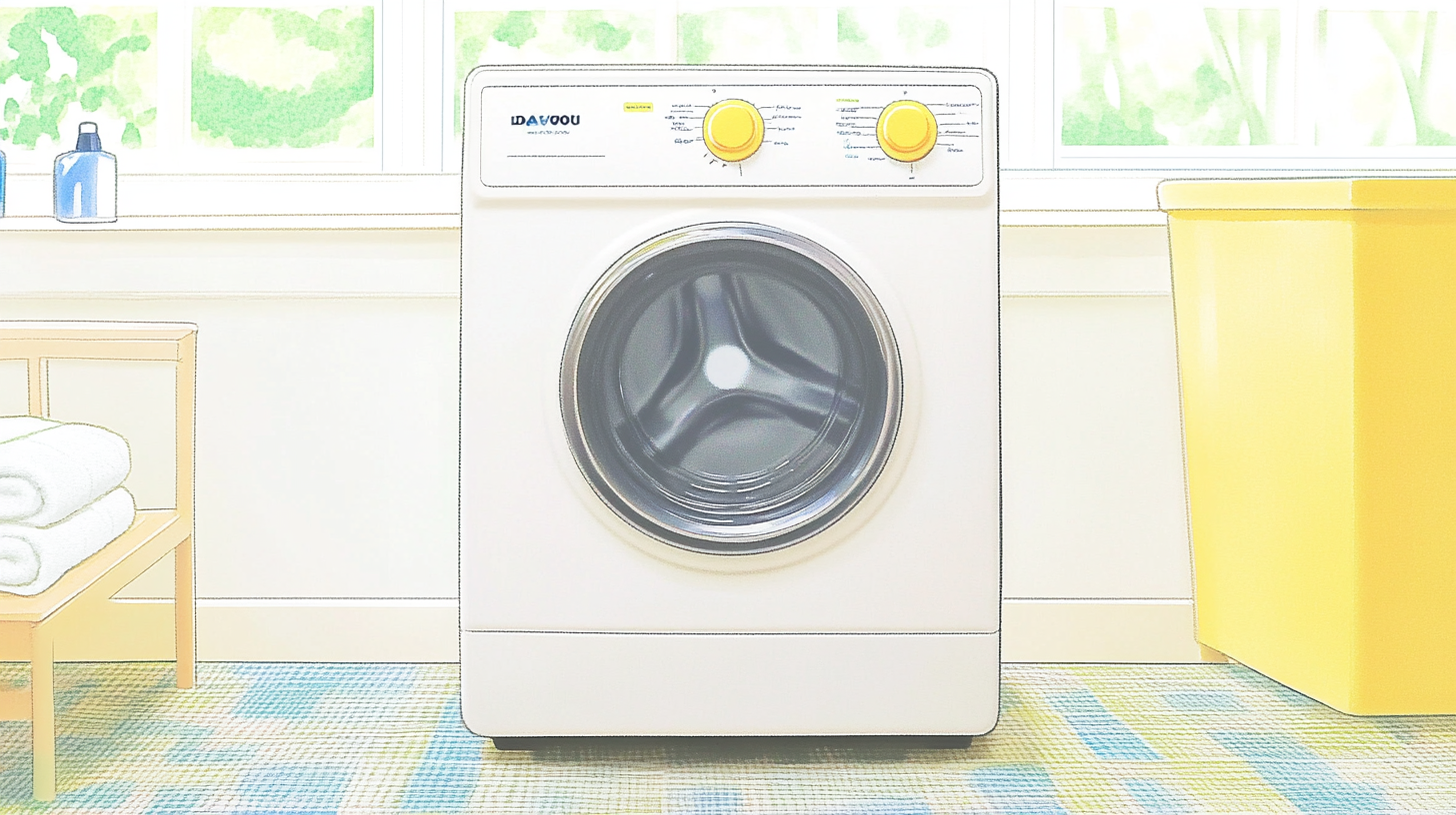 전통적인 세탁실에 배치된 대우 세탁기, 경제성과 대량 세탁물 처리 용량을 강조한 이미지