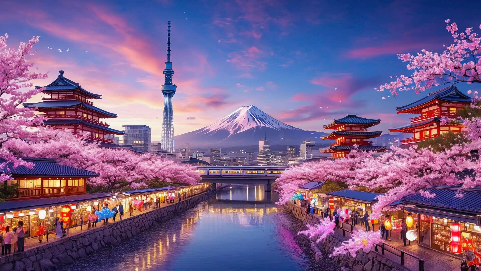 벚꽃이 만개한 도쿄 풍경, 후지산과 스카이트리, 일본 전통 건물과 야시장 조명이 어우러진 저녁 풍경
