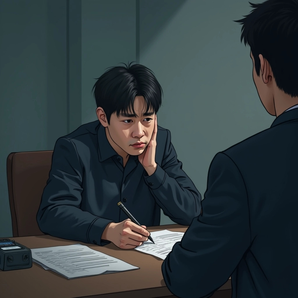 경찰서에서 조사를 받는 남자 이미지