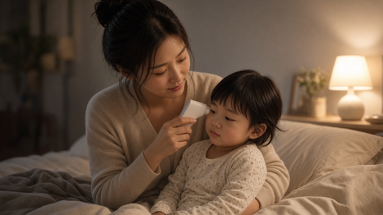 침대에서 아이의 귀에 체온계를 대고 열을 재는 30대 한국인 엄마