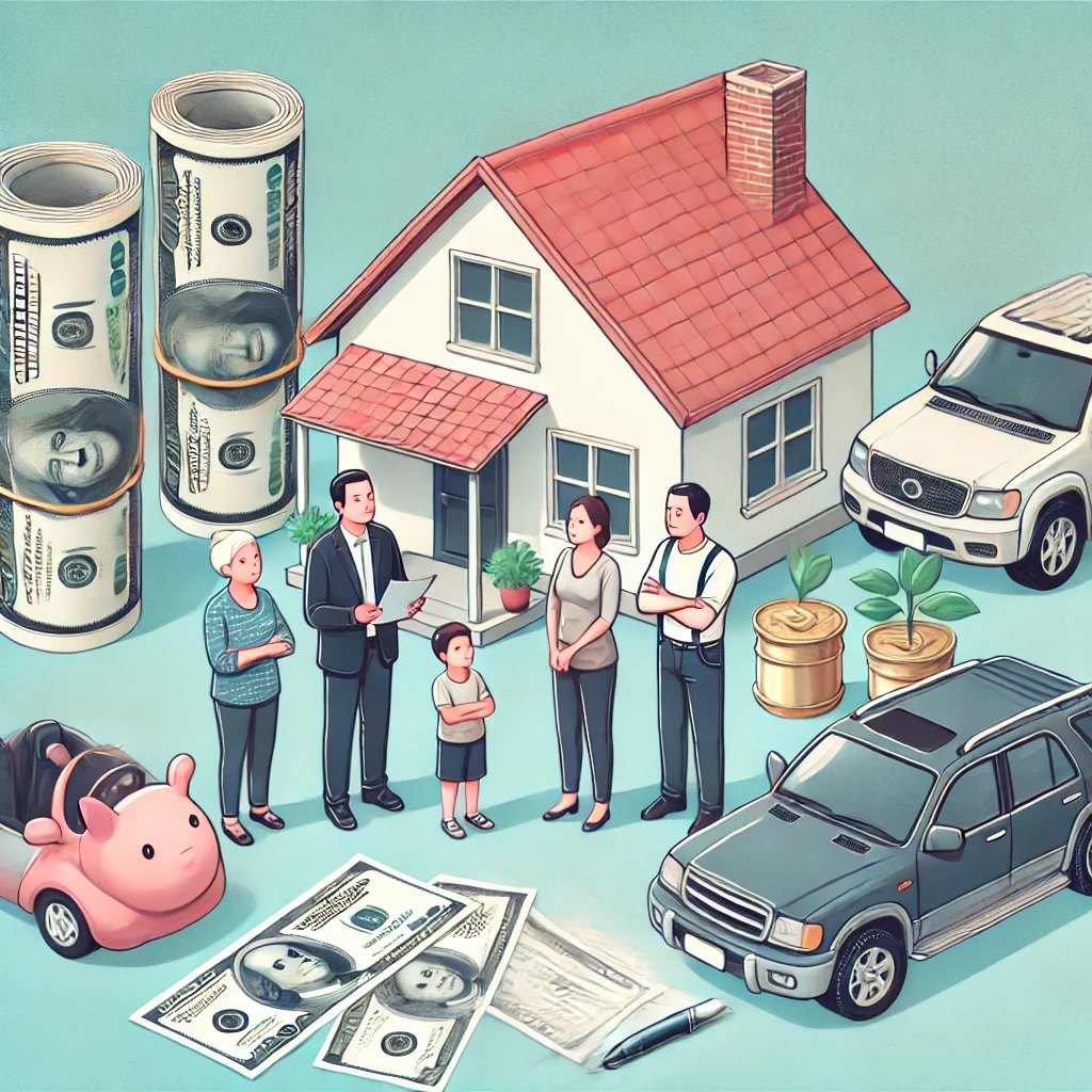 "집과 차, 돈 등의 자산이 가족 구성원들 주위에 놓여 있으며, 상속 재산 분할을 상징하는 이미지. 가족들이 각 자산을 바라보고 있으며, 자산들이 어떻게 나뉠지를 논의하는 듯한 모습입니다."