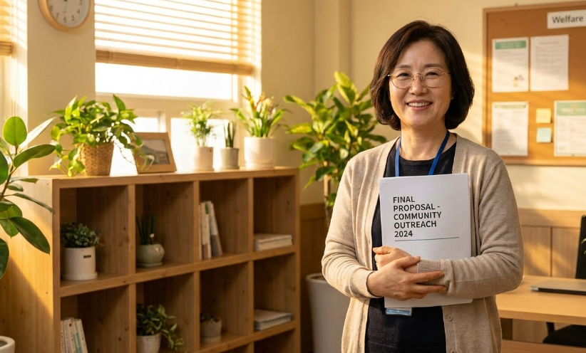 사회복지사들이 화이트보드 앞에서 사업 논리 구조를 회의하는 장면