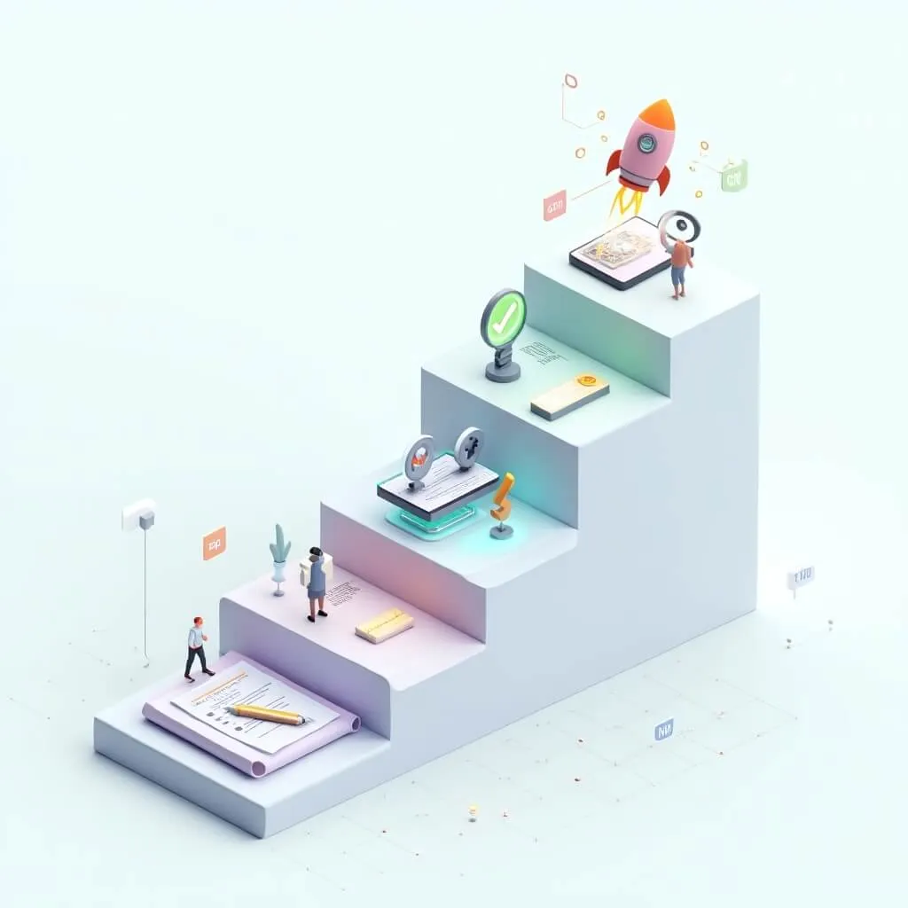 바이브코딩-대화로 앱 만들기: 바이브 코딩의 5단계 워크플로우를 계단 형식으로 상징적으로 표현한 이미지. 아이디어 정의부터 요구사항 작성, AI 생성, 검증, 배포까지 10분 만에 완성하는 과정을 시각화. 최상단 로켓 아이콘이 완성과 배포를 상징 (vibe coding workflow, 10 minute app development, 5-step process, AI coding tutorial)