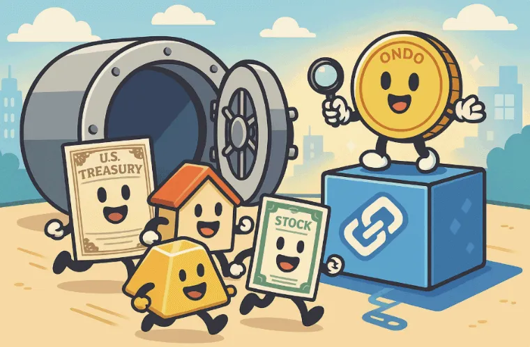 금고에서 탈출하는 실물 자산들과 이를 블록체인 플랫폼에서 맞이하는 ONDO 토큰 캐릭터를 유쾌하게 표현한 대표 이미지. 이 이미지는 RWA의 개념과 온도 파이낸스의 구조를 시각적으로 설명함 (ONDO, RWA, tokenization, blockchain finance)