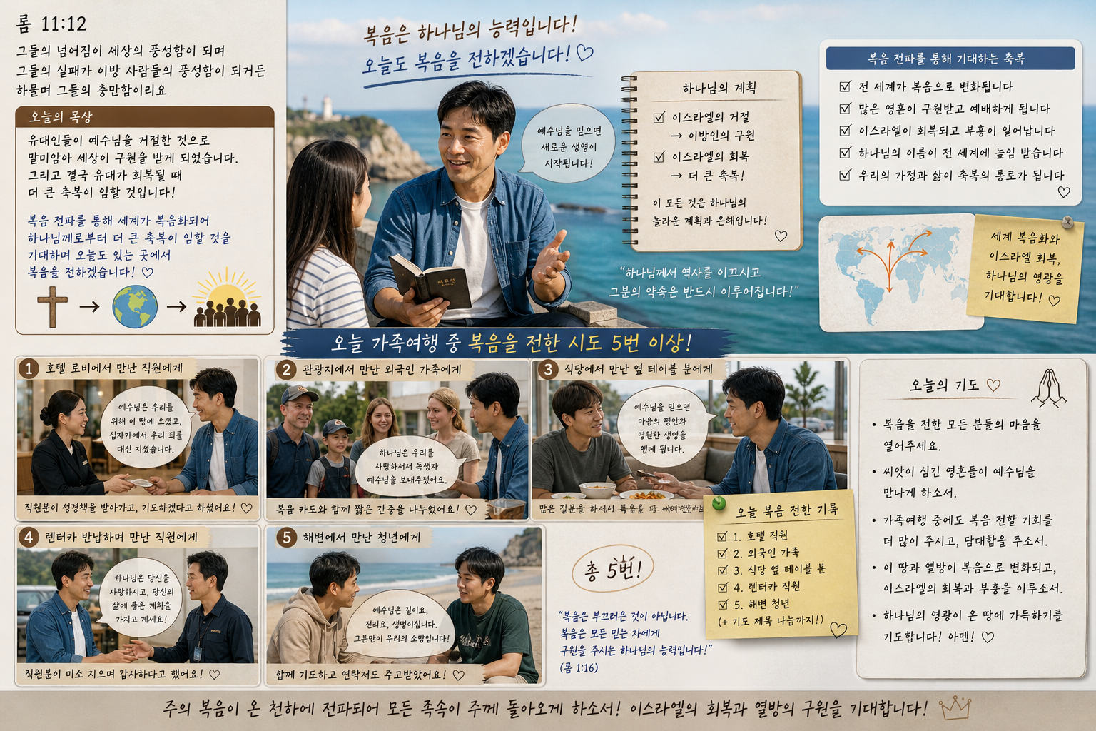 롬 11:12 말씀에서 유대인들이 예수님을 거절한 것으로 말미암아 세상이 구원을 받게 되고&amp;#44; 결국 유대가 회복될 때 더 큰 축복이 임할 것을 생각하며&amp;#44; 복음 전파를 통해 세계가 복음화되어 하나님께로부터 축복임 임할 것을 기대하며 오늘도 있는 곳에서 특히 가족여행 중인데&amp;#44; 복음 전하는 시도를 5번 이상 시도하는 모습입니다.