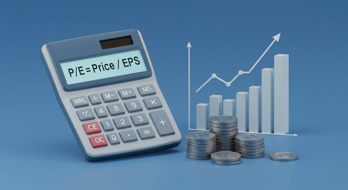 계산기가 있고 그래프가 그려져 있으며 코인이 있는 삽화