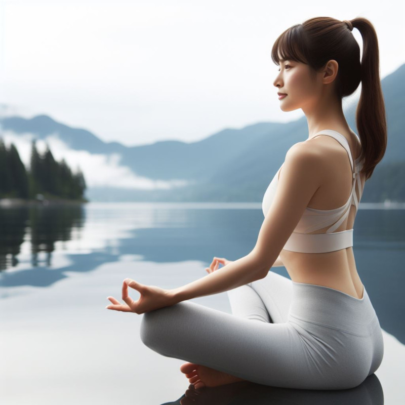잔잔한 호수를 보면서 명상을 하고 있는 20대 여성