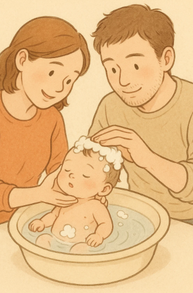 욕실에서 아기의 머리를 부드럽게 감기는 부모의 손과 아기