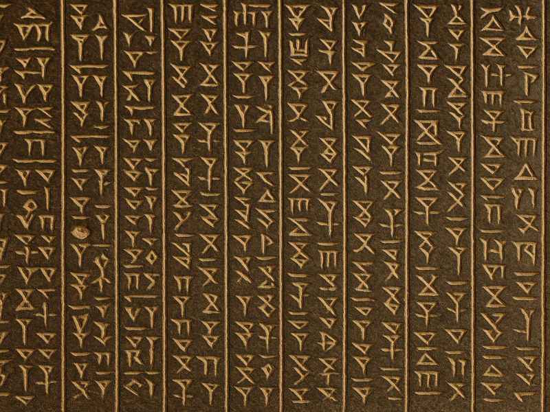 어두운 갈색 석판 위에 새겨진 바빌론 설형문자. 세로로 정렬된 쐐기 형태의 문자가 고대 메소포타미아 문명의 기록 문화를 보여준다.