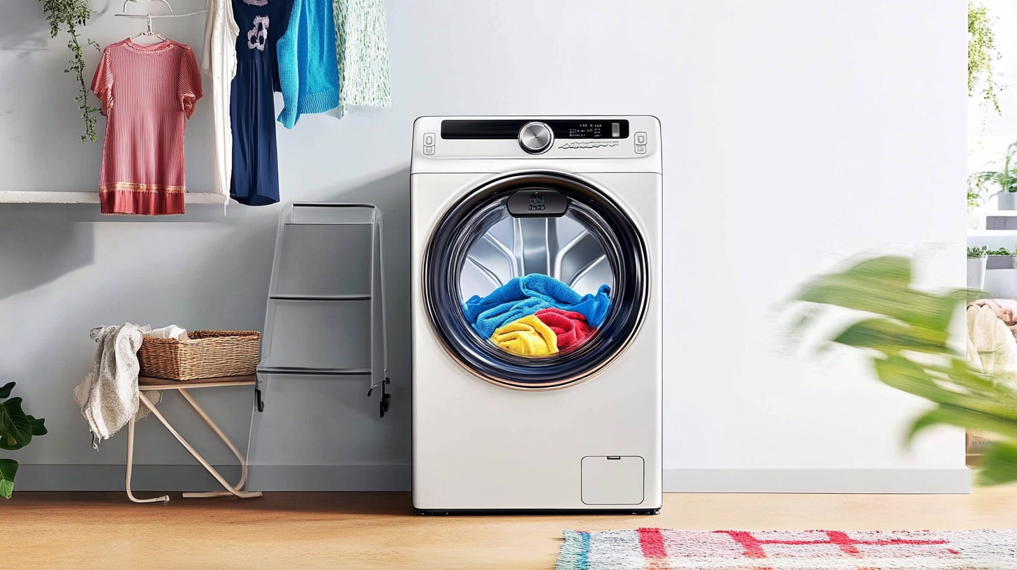 삼성과 LG 세탁기의 디자인 차이, 스마트 기능, 에너지 효율성을 현대적이고 잘 조명된 공간에서 나란히 비교