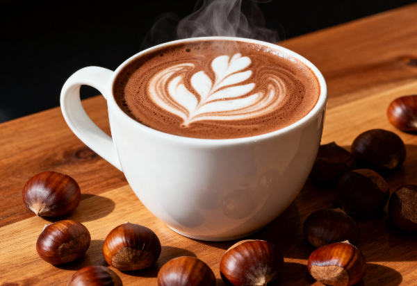 따뜻한 가을 밤 라떼와 생밤, 부드러운 라떼아트가 올려진 커피 한 잔