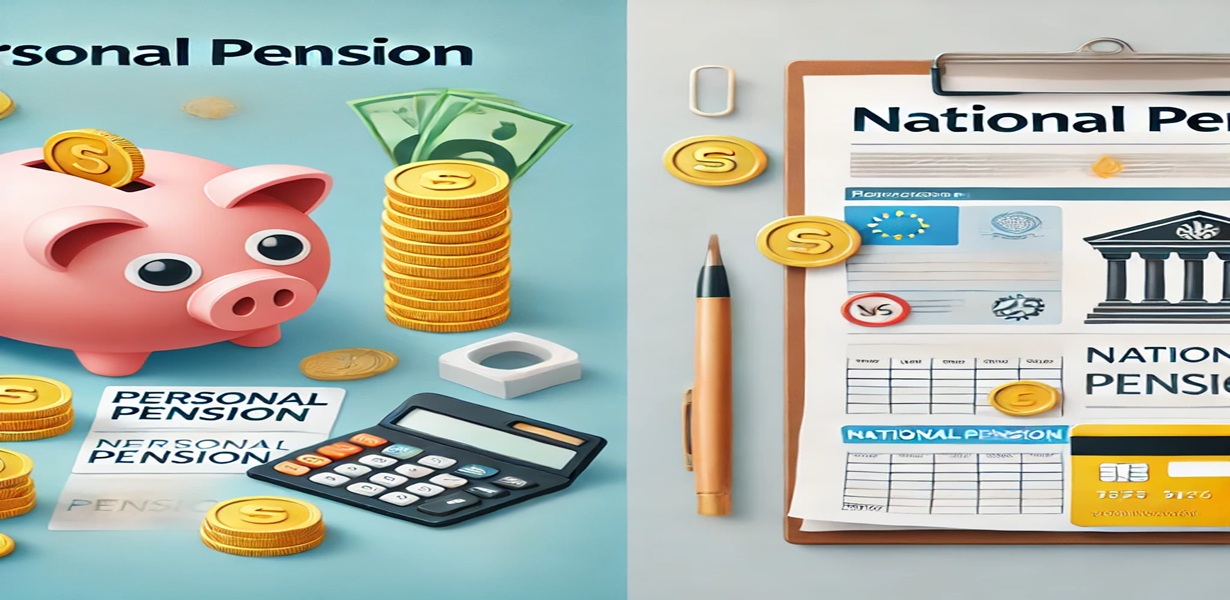 연금저축과 IRP 상품을 비교 중인 설명 자료와 돼지 저금통