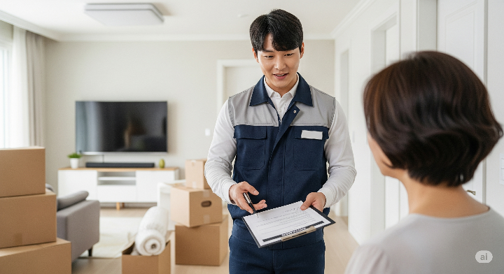 이사업체 직원이 고객에게 계약 내용을 자세히 설명하거나, 이사 과정에서 꼼꼼하게 짐을 확인하는 모습