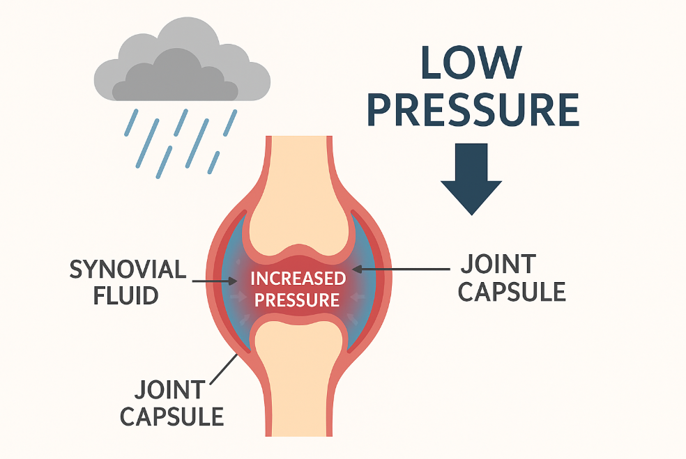기압이 낮아질 때 관절 내부 압력이 증가하는 메커니즘을 보여주는 단면도
