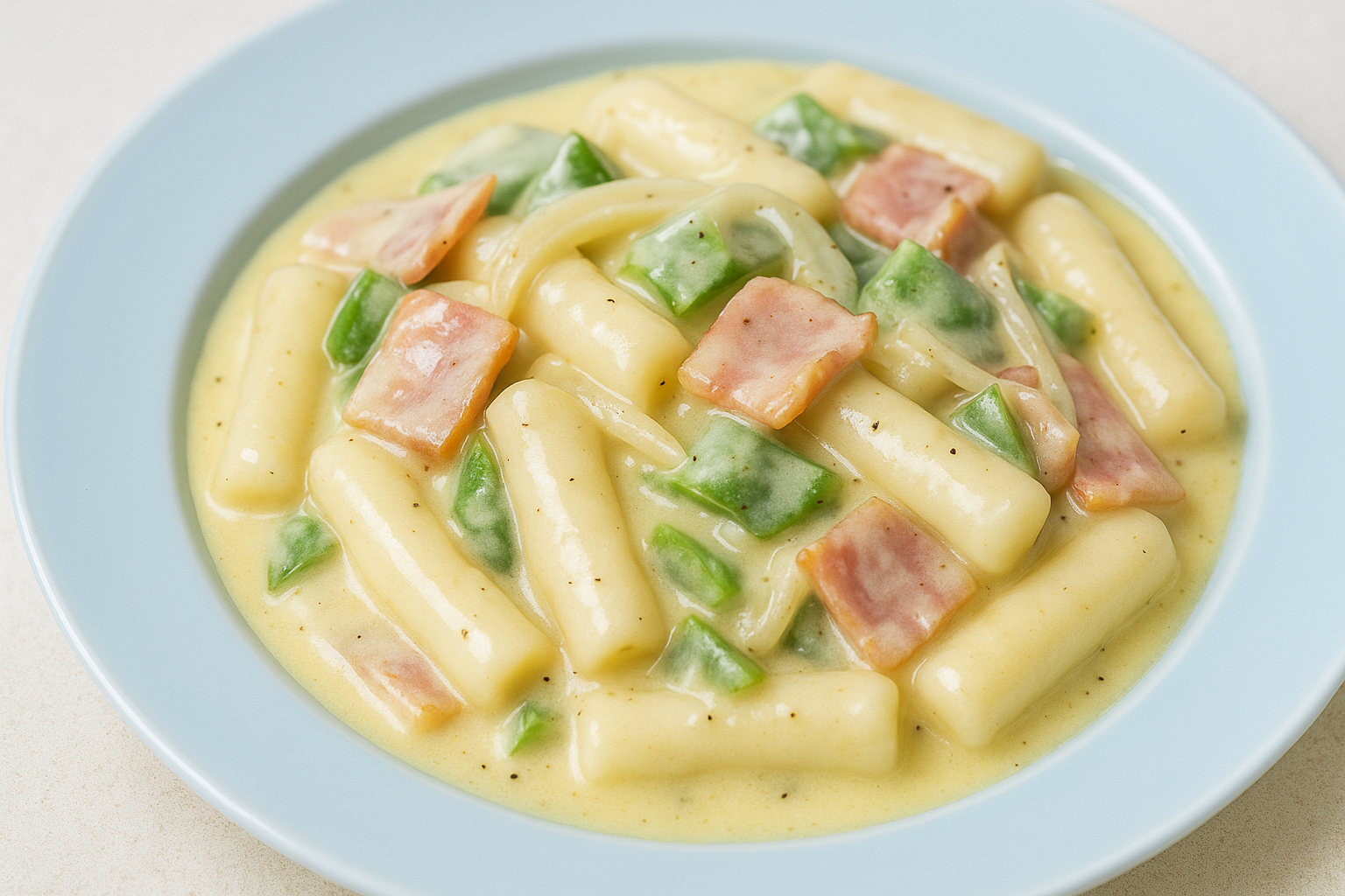 접시에 담긴 크림 떡볶이와 베이컨, 피망, 양파가 어우러진 크리미한 요리