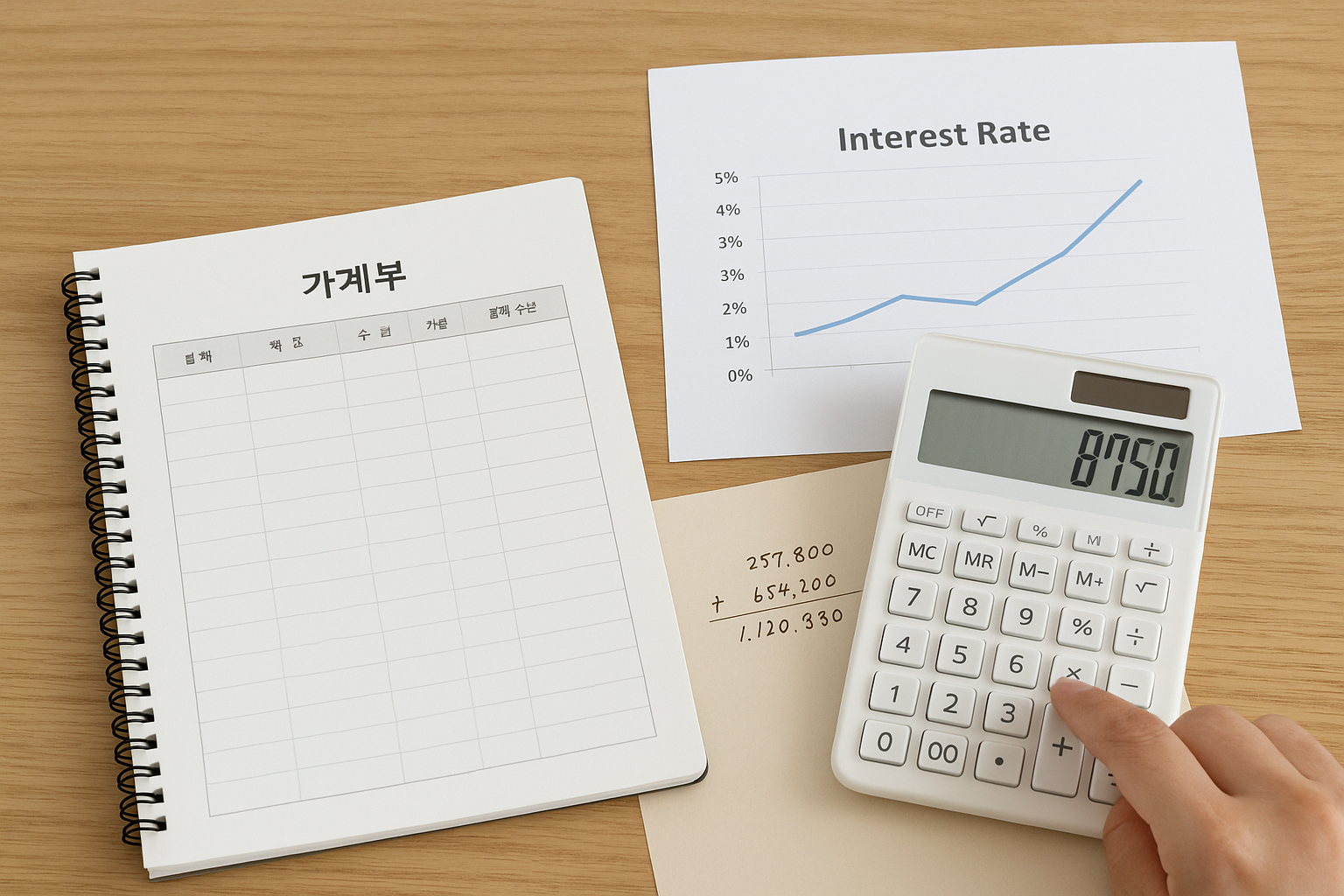 가계부와 금리 자료를 함께 놓고 계산하는 책상 위 모습