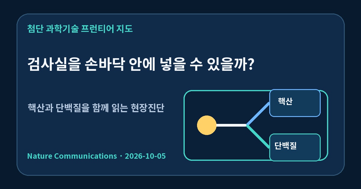 미세유체 칩이 한 시료를 핵산검사와 단백질검사 구역으로 나누고 스마트폰으로 결과를 읽는 개념도.