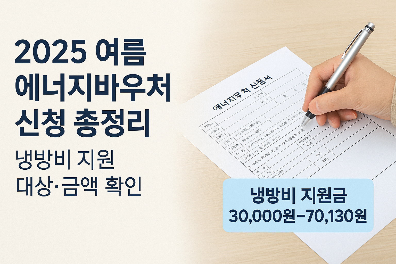2025 여름 에너지바우처 신청서 작성 이미지와 냉방비 지원금 안내 그래픽